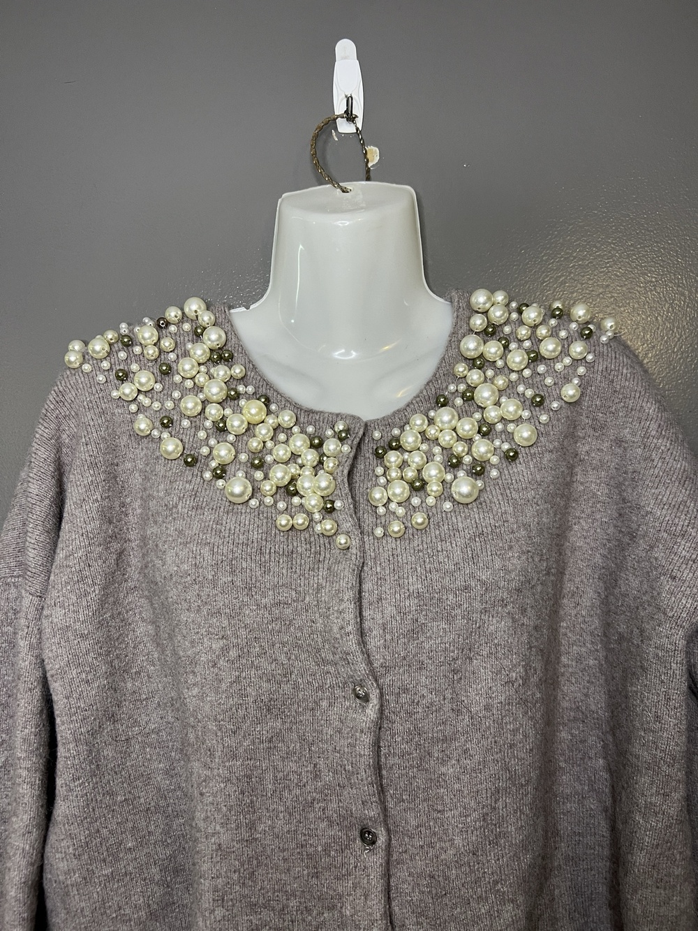 MOTH Anthropologie Cardigan Sweater Womens Small Gray Pearl Beaded Crew Neck
